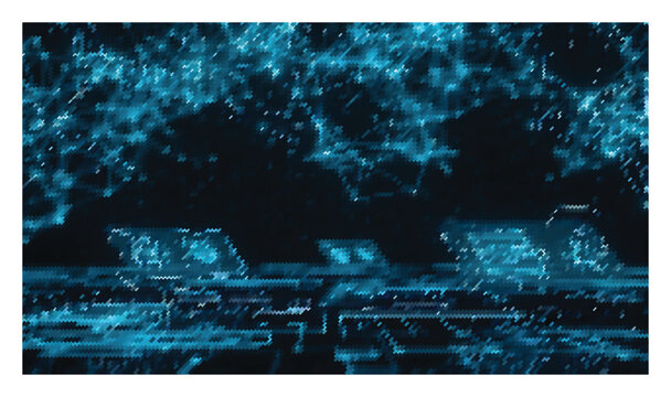 Dynamic digital dark blue background with pixelated motion blur and neon light rectangles.
