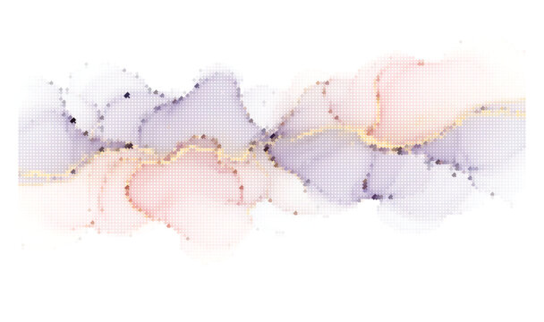 Ethereal purple and pink ink clouds with pixelated texture and shimmering gold vein lines.