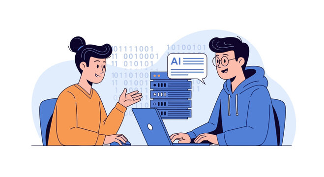 AI Collaboration: Two People Discussing Artificial Intelligence with Servers and Binary Code