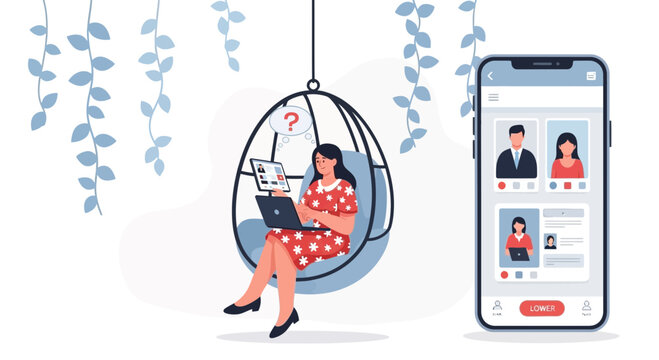 Woman using laptop in hanging chair, dating app on phone, seeking match choice