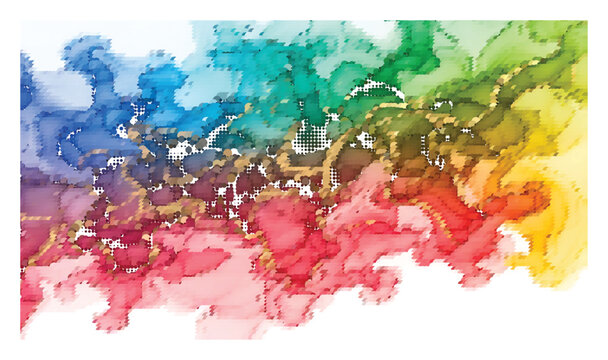 Modern artistic cloud splash background with vibrant rainbow ink drops and halftone effect.