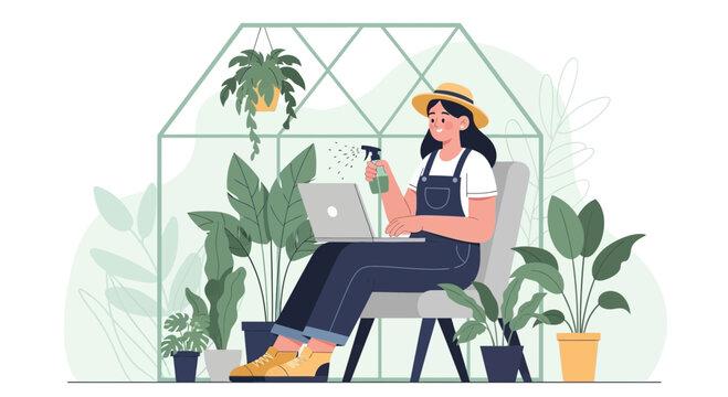 Woman Sprays Plants While Working on Laptop in Greenhouse