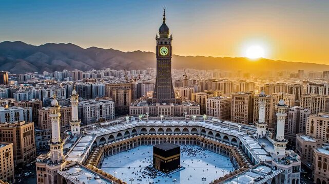 Stunning Aerial View of the Kaaba in Mecca at Sunrise.