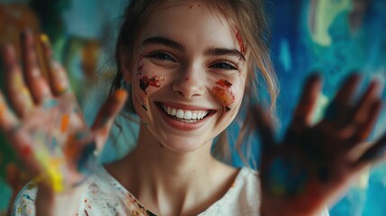 Obraz premium Joyful expression of a creative young artist with vibrant paint on her face