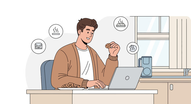Man working remotely from kitchen, eating cookies and drinking coffee