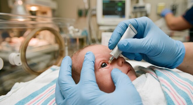 Postpartum moment of nurse applying prophylactic erythromycin ointment to newborn&rsquo;s open eye, perfect for newborn preventive care protocols, birth procedure education