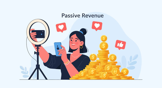 Woman creating passive revenue with social media and coins