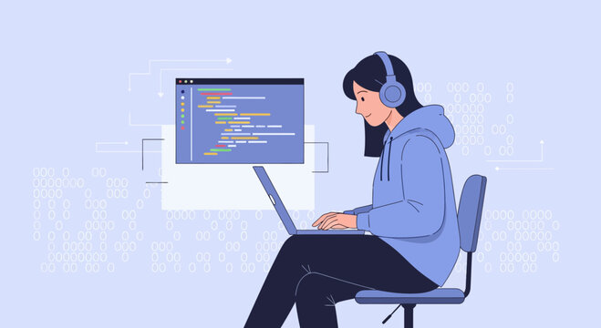 Woman Coding on Laptop with Headphones, Digital Interface, Binary Background