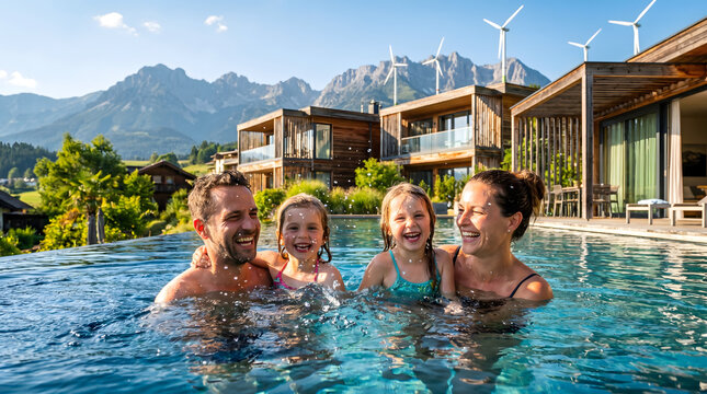Family relaxing by luxury infinity pool with distant wind turbines