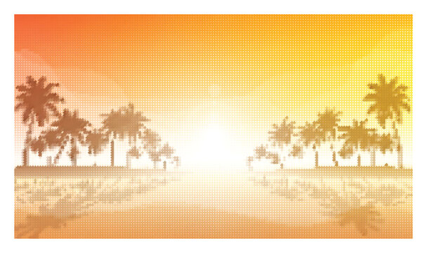 Tropical palm trees at sunset beach background with glowing orange pixelated halftone sun.