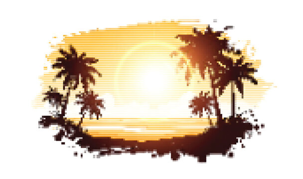 Tropical sunset landscape with palm trees silhouette in pixelated retro digital art style.