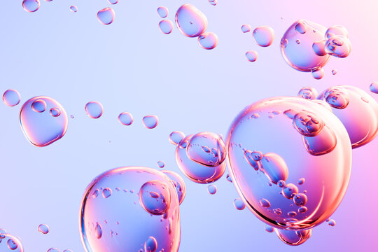 Transparent bubble essence with violet and lavender  color. Futuristic cosmetic liquid bubbles on pastel background, abstract skincare serum texture with soft gradient background.