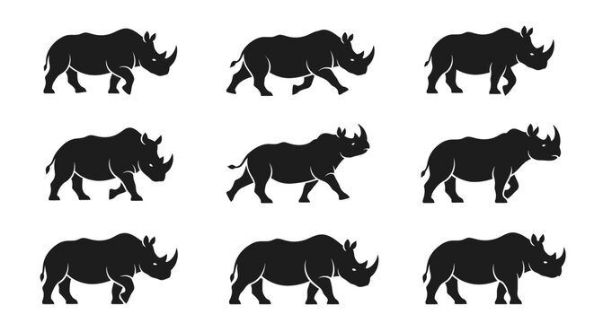 Collection of nine identical black rhinoceros silhouettes walking in a three-by-three grid, presented in a clean, minimalist graphic style for diverse applications