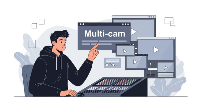 Man operating multi-cam video production, broadcasting, streaming setup