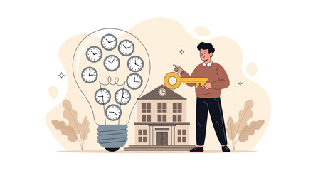 Obraz premium Man Holds Key to Lightbulb Full of Time Symbols, Education Concept