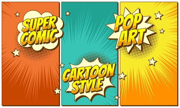 Comic art three panel background with comic text 