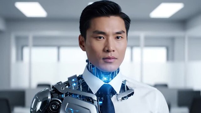 Businessman with robotic enhancements office.