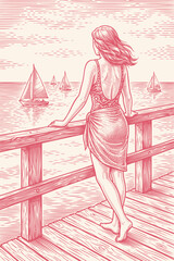Obraz premium Young woman standing on a wooden pier and looking at sailing boats on the sea, romantic summer coast scene in vintage engraved vector style