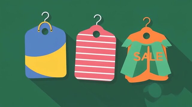 Shopping and sale concept with price tags and clothing hangers, flat vector illustration
