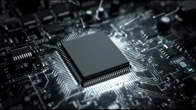 Closeup of microchip on circuit board.