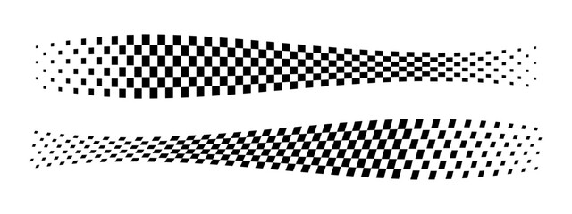 Distorted checkered banners with faded effect. Taxi or police car borders. Rally flag textures. Karting, motocross or chess game competitions print. Start or finish concept. Vector illustration © Andrii