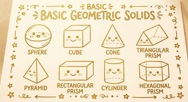 Geometric solids, basic shapes, 3D figures