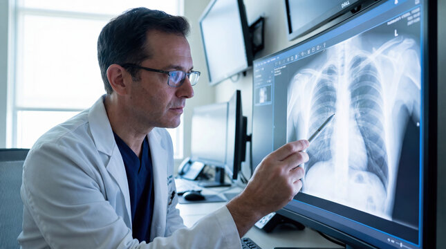 Physician analyzing lung xray on high resolution medical display screen