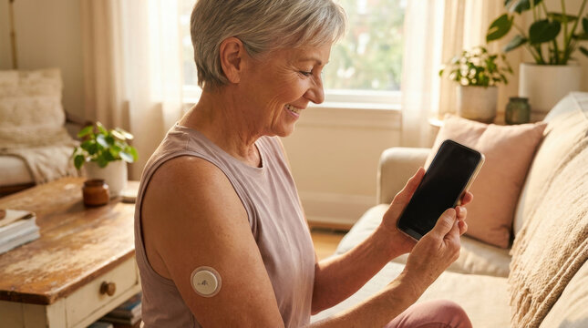 Smiling senior woman using glucose sensor with smartphone health tracking