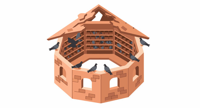 Pixelated octagonal structure with multiple pigeon roosting boxes filled with birds