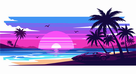 Fototapeta premium Pixelated tropical beach sunset with palm trees and a sports car