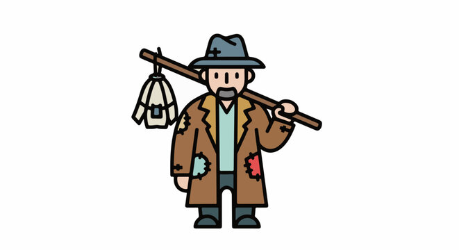 Person with patched coat and hat carrying belongings on a stick