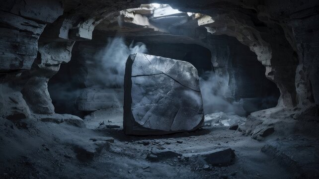 Mysterious Glowing Cracked Stone Monolith Inside Dark Underground Cave with Mist and Sunbeam Light Sci-Fi Fantasy Background Concept Art High Resolution Digital Graphic Asset for Cinematic Design