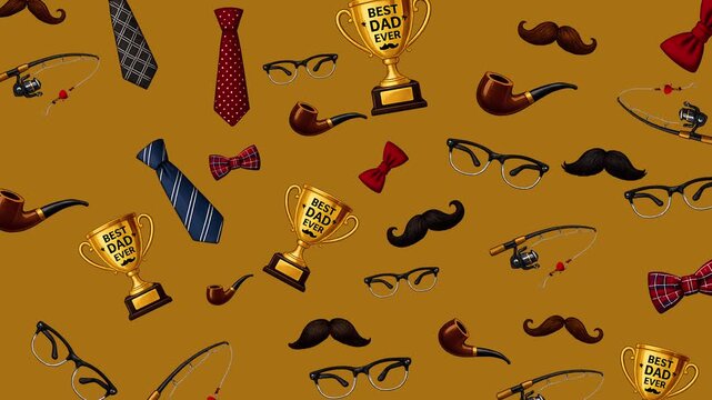 Fathers day features mustaches ties pipes fishing poles trophies spectacles and patterned backgrounds.