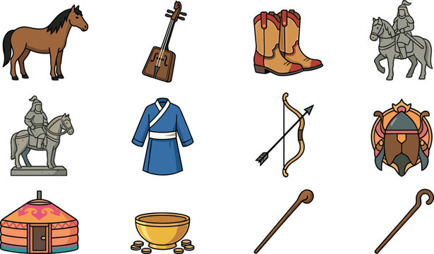 Mongolian Culture and Nomadic Heritage Icon Set Featuring Yurt Morin Khuur Horse Warrior Statue Deel Robe and Bow Symbols for History Designs
