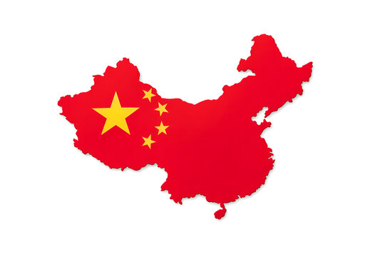 China map with national flag colors and yellow communist stars on white background