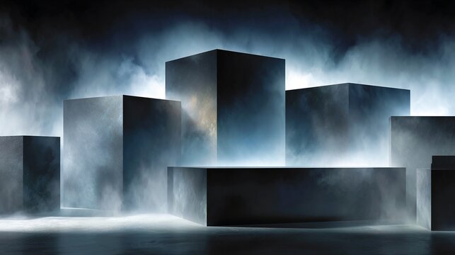 Atmospheric scene with boxy structures veiled in misty fog, illuminated from below