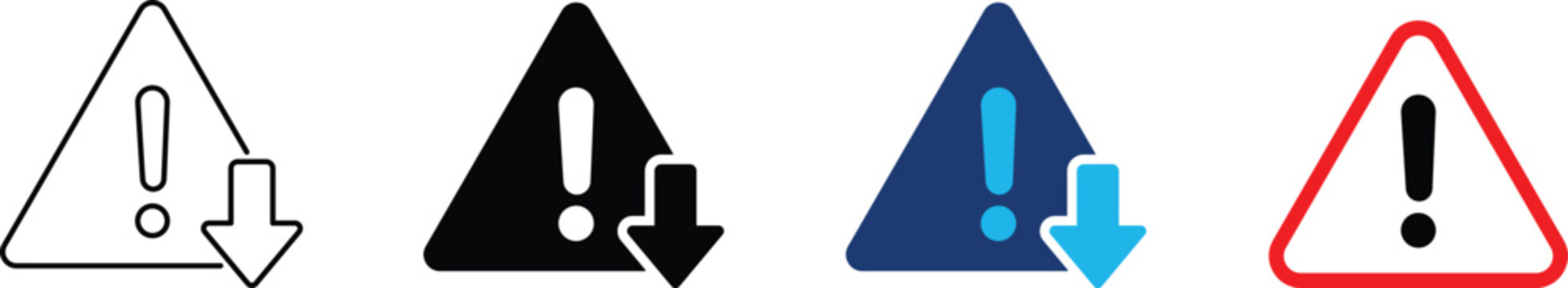 System warning icon showing professional exclamation alert triangle and downward arrow. Professional illustration for real-time financial market crashes, industrial equipment performance degradation