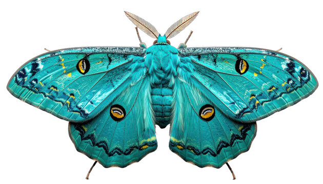 A striking teal moth with elaborate wing patterns and eye spots is showcased against a solid black background.