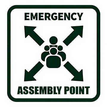 Emergency assembly point safety sign with group of people icon and green directional arrows.