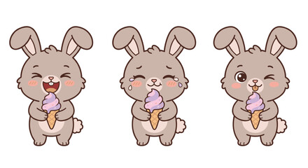 Fototapeta premium Cute Cartoon Bunnies with Ice Cream Showing Different Emotions
