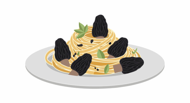 Pasta dish with morel mushrooms and basil leaves