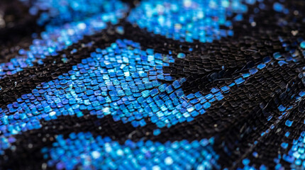 extreme macro shot of beautiful exotic butterfly with dew drops on blue and black wings © irenka
