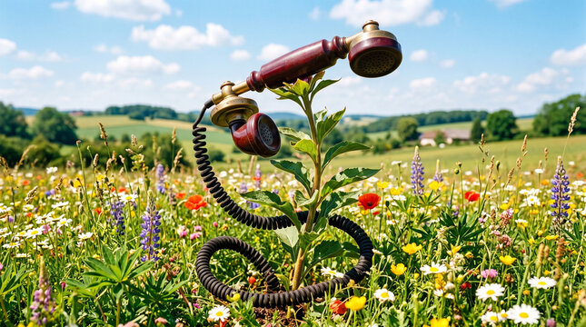 surreal vintage telephone receiver sprouting green plants and blooming flowers from cracked desert soil