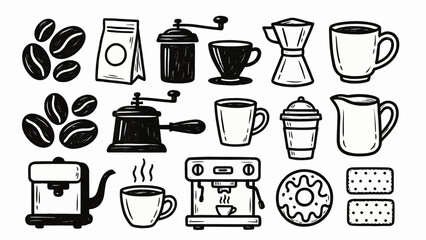 Obraz premium Hand drawn casual coffee culture pictogram icon set with mug beans and espresso machine