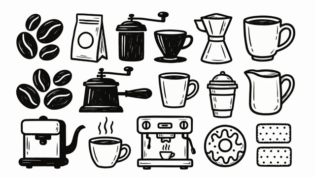 Hand drawn casual coffee culture pictogram icon set with mug beans and espresso machine