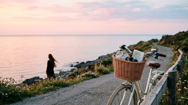 Woman Cycling Coastal Road at Sunset, Ocean View, Relaxing Summer Vacation