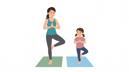 Obraz premium A young mother and her small daughter practicing the tree yoga pose together in a bright studio using colorful exercise mats for daily healthy activity.