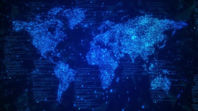 Blue Digital World Map with Matrix Numbers, Programming Code and Data Streams &ndash; Futuristic Global Cyber Security Loop Background