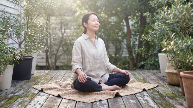 Calm woman meditating in a garden setting, embracing mindfulness, balance and natural mental wellness