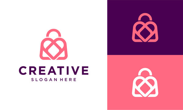 Chic shopping bag logo featuring a heart shape integrated into the handle, symbolizing love for retail therapy and stylish purchases